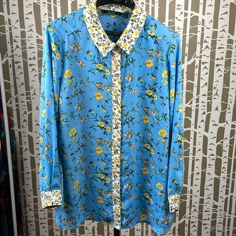 C. Wonder blue and yellow floral print button up blouse sz 18W